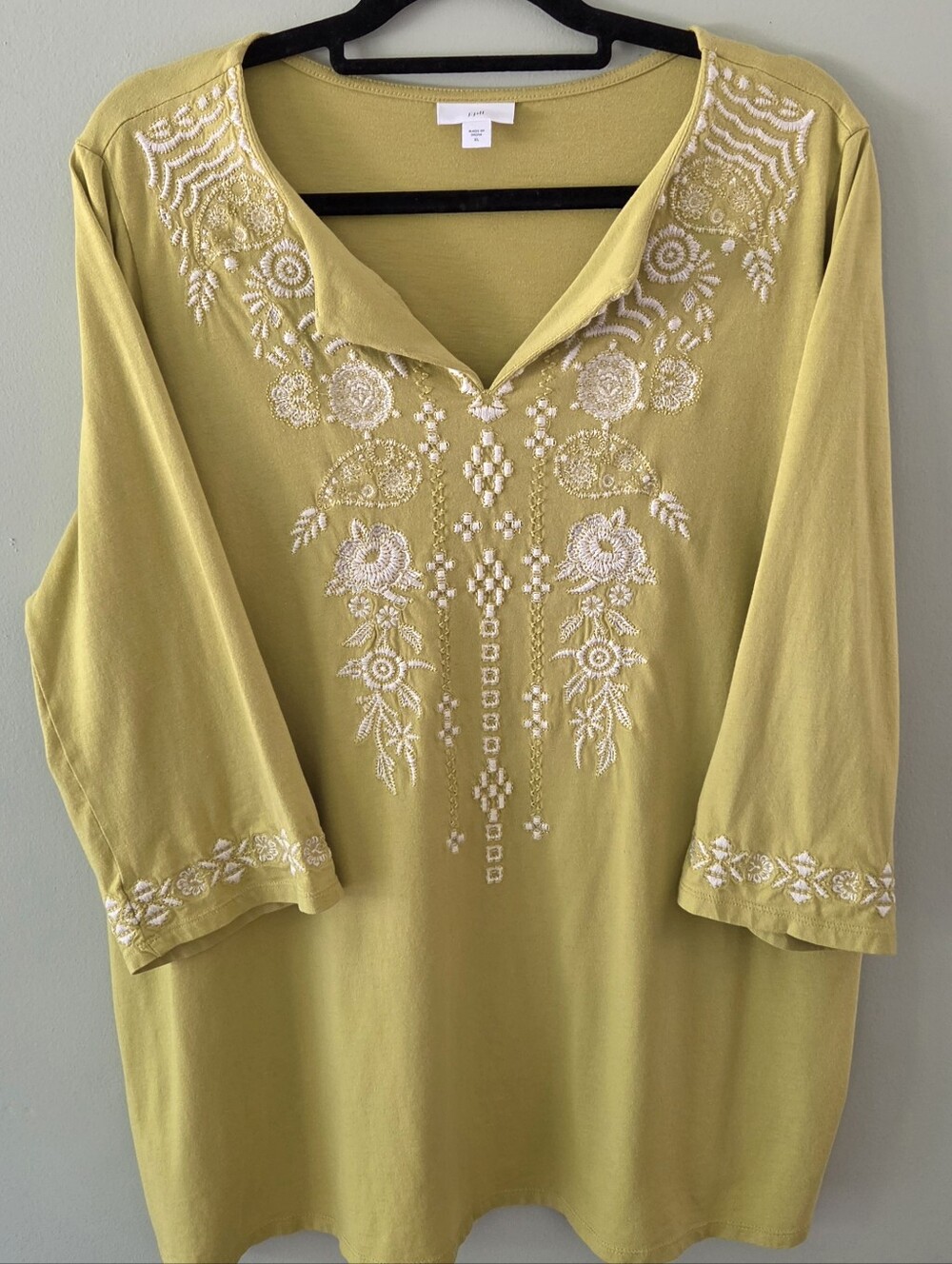 J. Jill Chartreuse Green Embroidered Tunic Top Blouse Size XL Boho Linen Knit - Picture 1 of 4